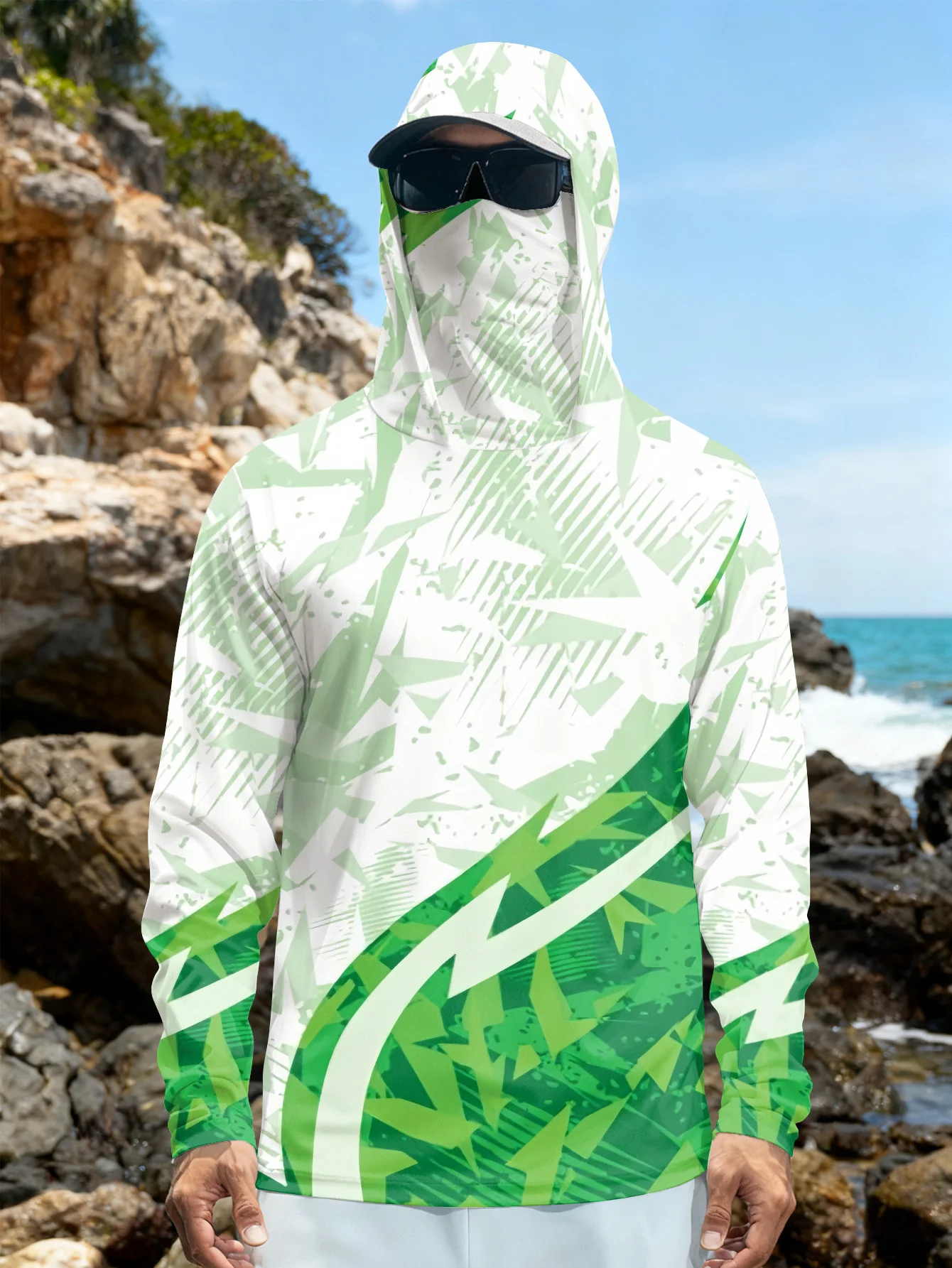Fishing Mask Sun Protection - Herren-Anglerhemd mit Kapuze, UPF-Sonnenschutz, langärmelig, mit